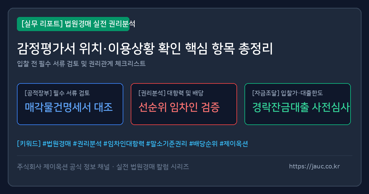 감정평가서 위치와 이용상황 확인 항목을 정리한 체크리스트 문서 그래픽