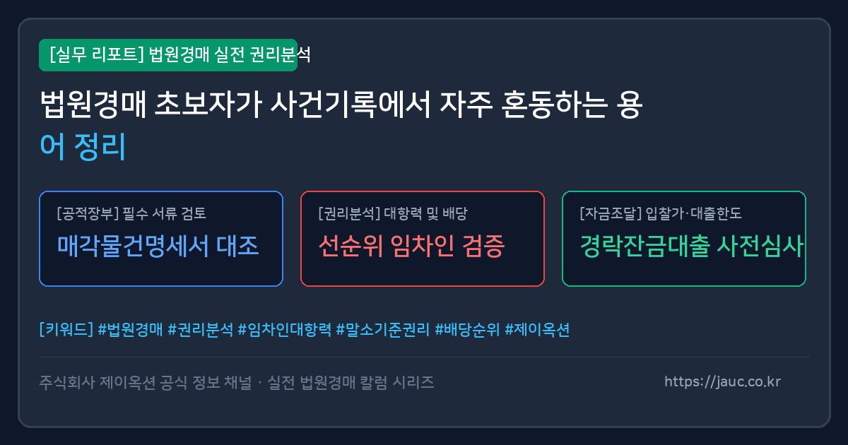 법원경매 초보자를 위한 주요 사건기록 용어 비교 체크리스트 그래픽